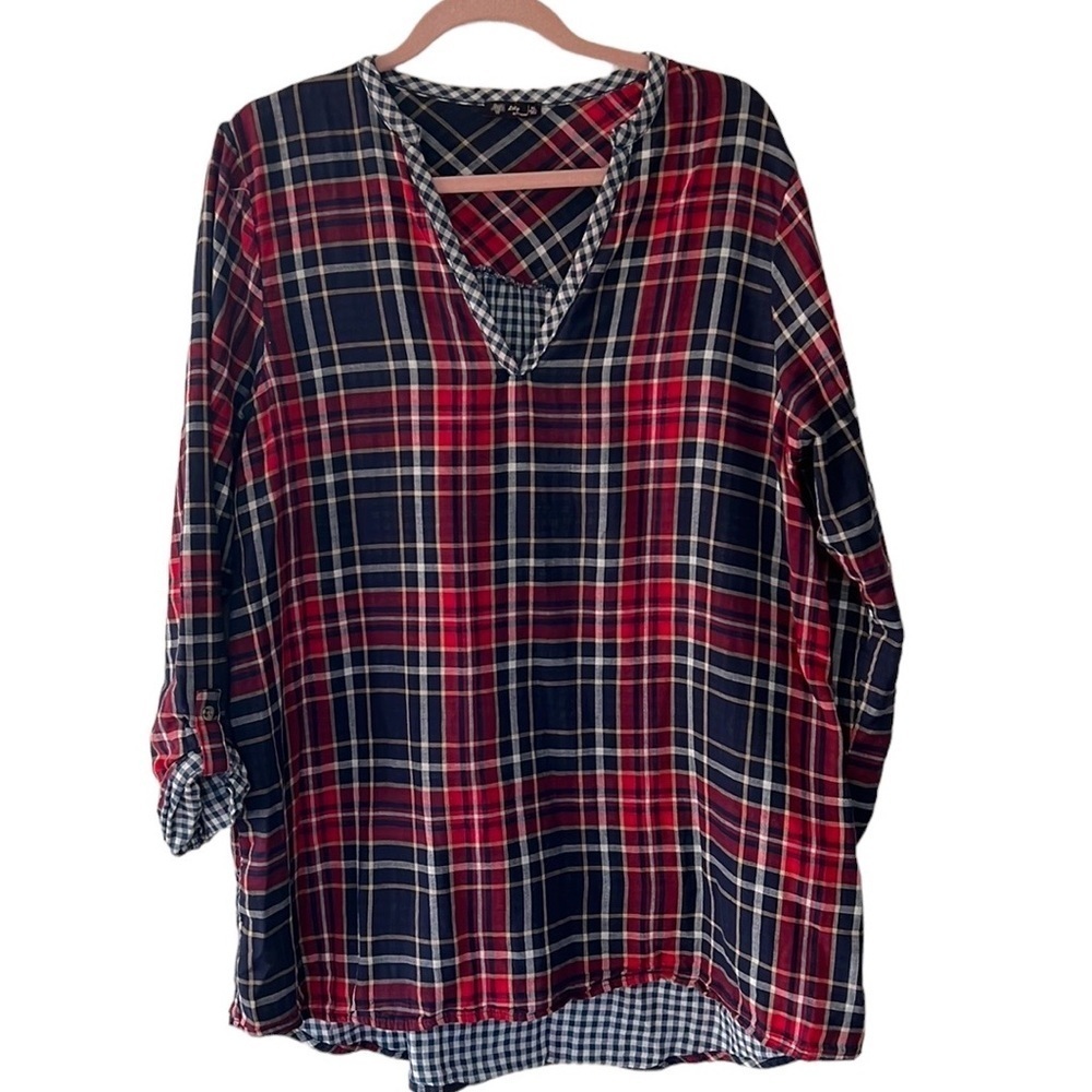 Lily by Firmiana Longsleeve Mixed Plaid Tunic Popover Blouse. Women’s XL. EUC